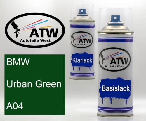 BMW, Urban Green, A04: 400ml Sprühdose + 400ml Klarlack - Set, von ATW Autoteile West.